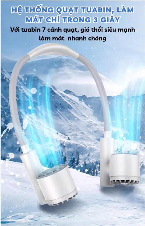 Quạt Đeo Cổ . Tích Điện, Tuabin 7 Cánh 3 Tốc Độ, Ống Quạt Silicon Uốn Cong 360° (Note màu) - Ảnh 2