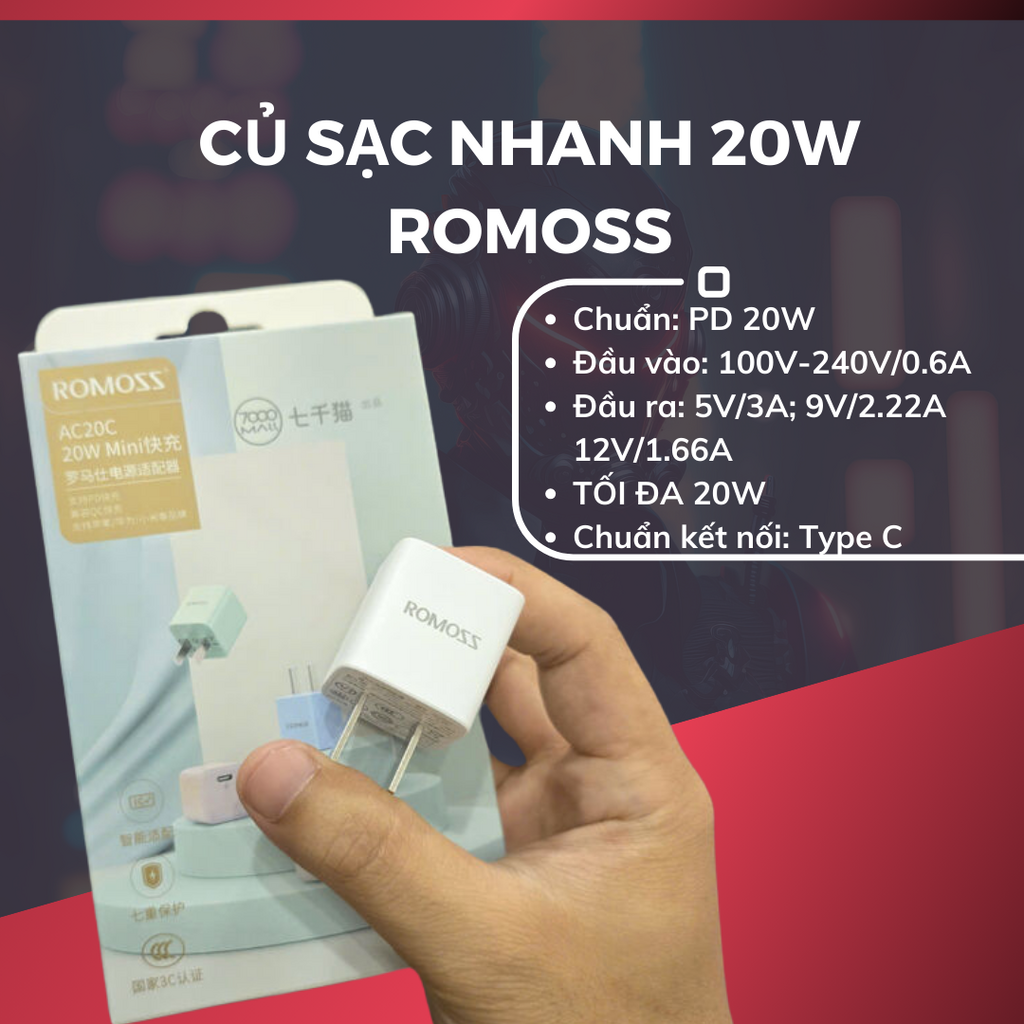 Củ sạc nhanh PD 20w chính hãng ROMOSS - Công nghệ GaN