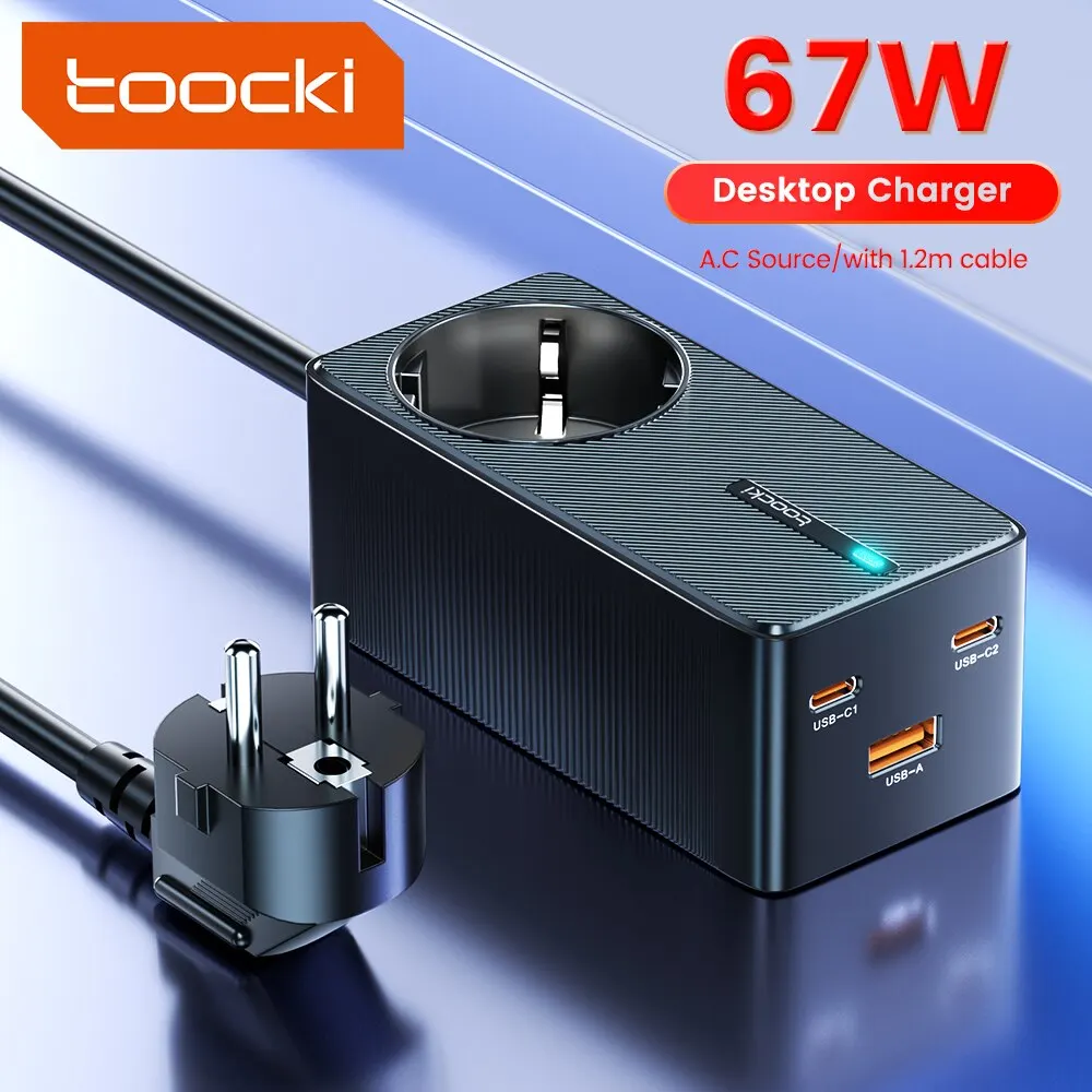Bộ sạc nhanh 67W Toocki, 2 cổng C + 1 USB + 1 AC 220V, công suất 2500W