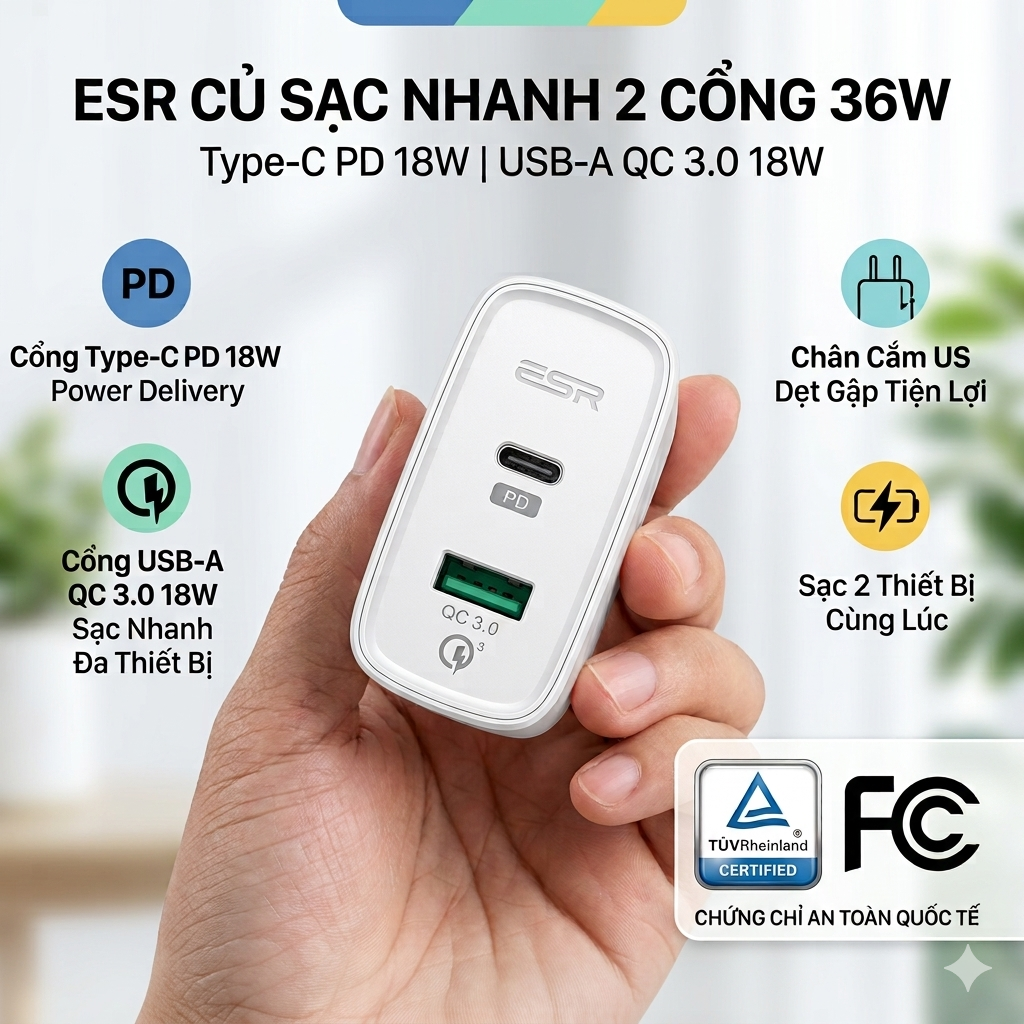 Củ Sạc Nhanh ESR 36W 2 Cổng (Type-C PD 18W & USB-A QC 3.0) - Chân Gập