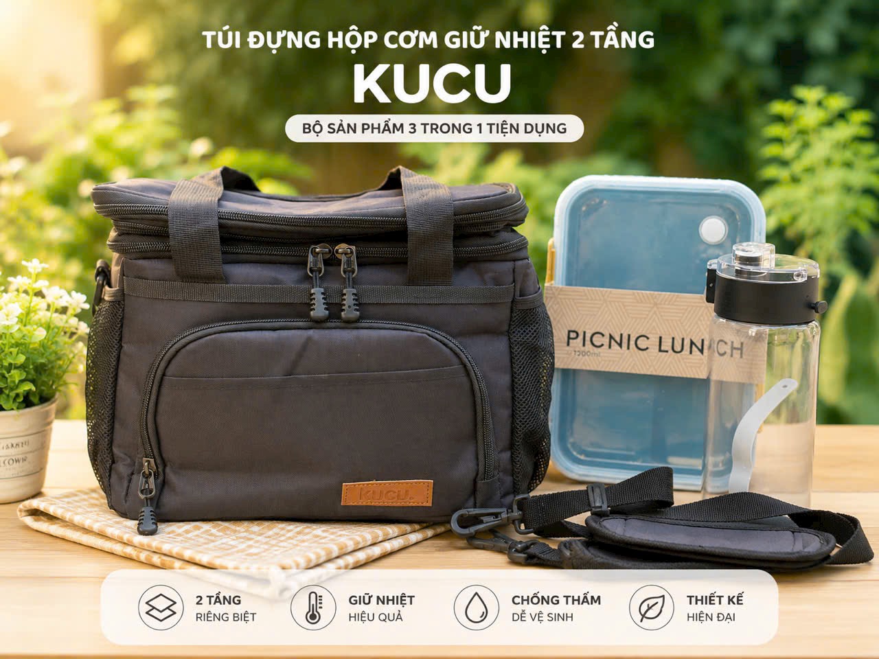 Túi giữ nhiệt hai tầng Kucu - Sẵn hộp cơm + bình nước