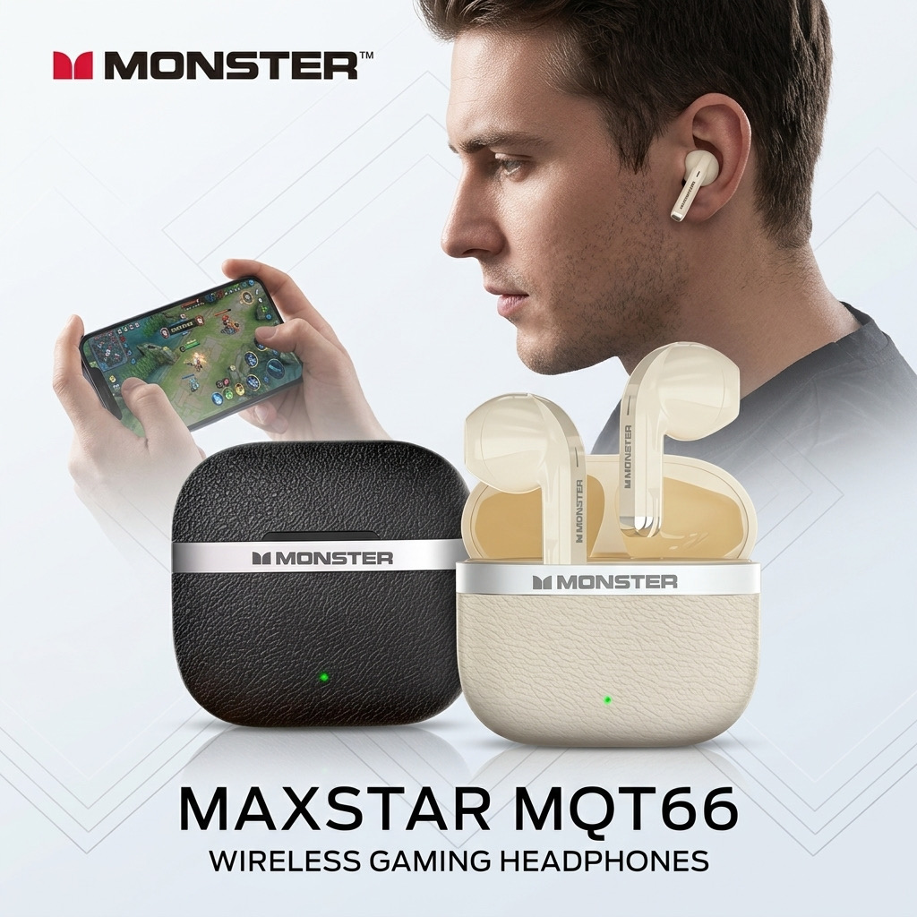 Tai nghe Bluetooth Monster Maxstar MQT66, tai gamming độ trễ thấp- MÀU ĐEN