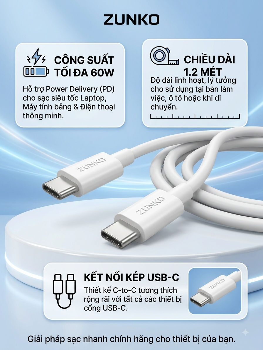 Cáp Sạc Nhanh Type-C to Type-C ZUNKO 60W - Dài 1.2m, Hỗ Trợ Sạc PD Cho Điện Thoại, Laptop - Dây to