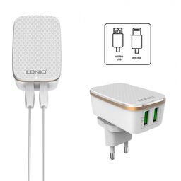 Bộ sạc du lịch LDNIO A2204, 2 cổng USB, cổng sạc nhanh Auto-ID, kèm cáp sạc ty…