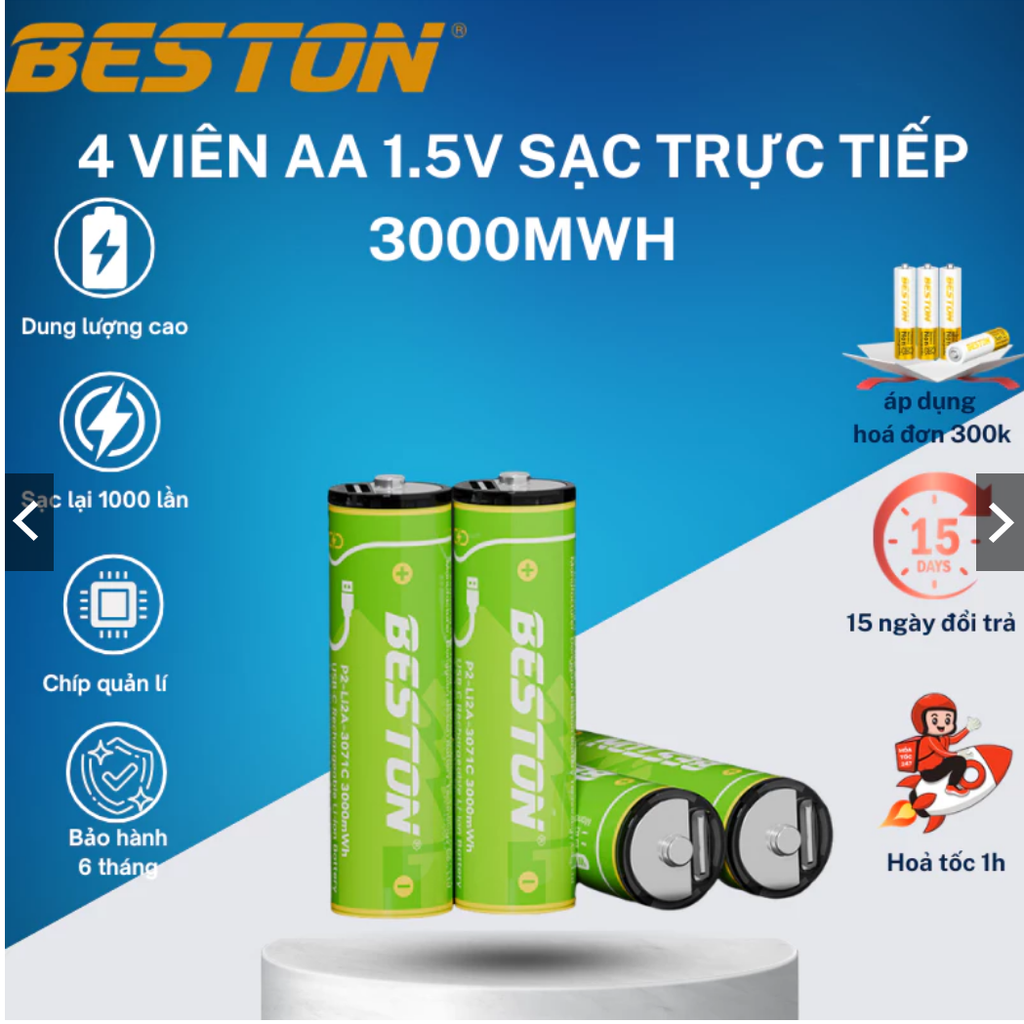 Hộp 4 viên Pin sạc AA 3000mWh Beston Lithium 1.5V USB-C, 2AC-80