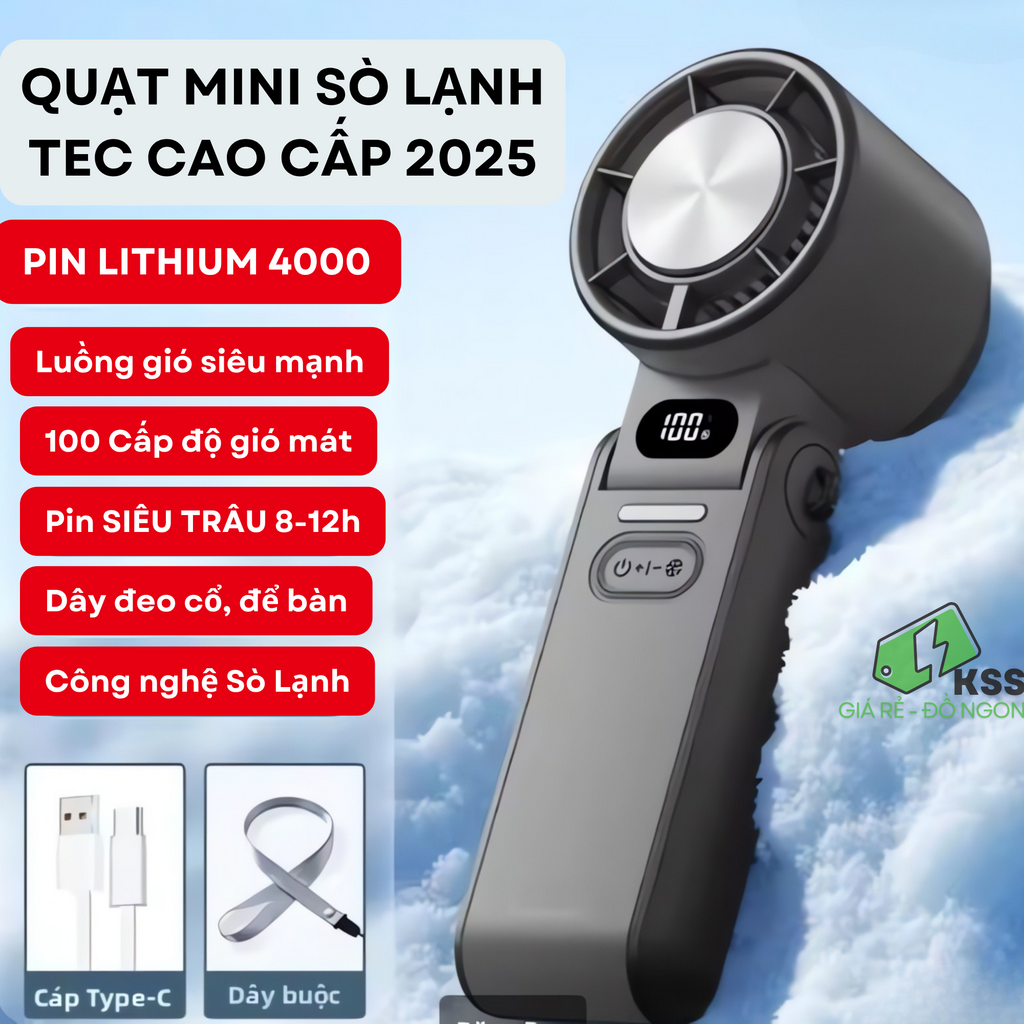 Quạt mini cầm tay có gấp gọn Quạt sò lạnh Dung lượng pin trâu 3600Mah-Bản mới Có đeo cổ, để bàn