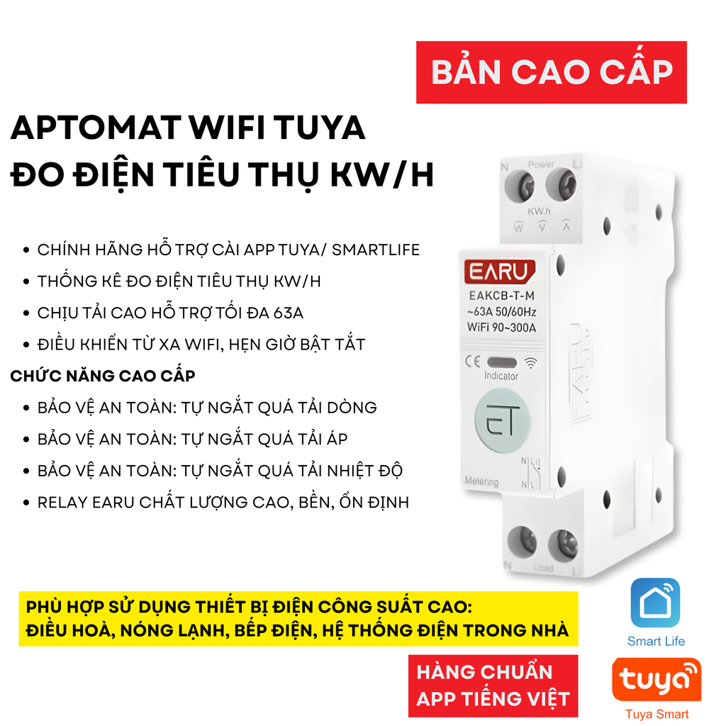 WIFI TUYA Aptomat EARU 63A Điều khiển từ xa - hẹn giờ - Đo điện - Bảo vệ