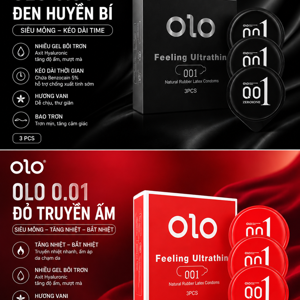 Bao cao su OLO 0.01 hộp 3 chiếc - siêu mỏng nhiều gel 