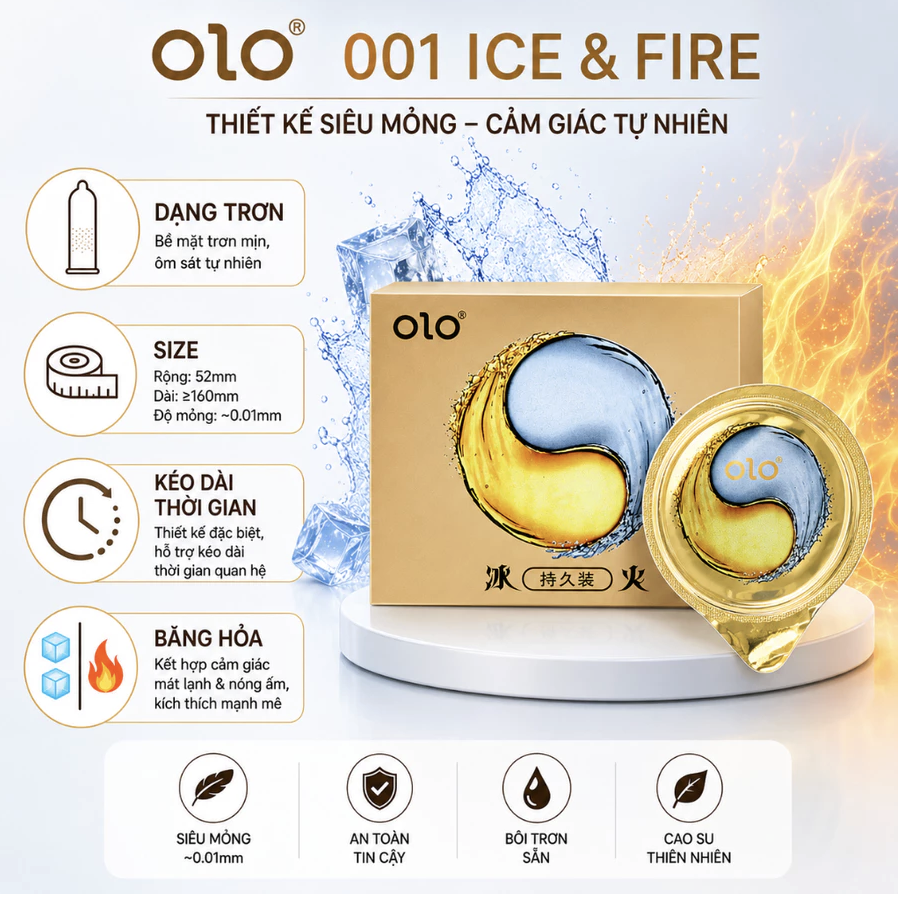 Bao cao su siêu mỏng kéo dài thời gian olol 0.01 - Hộp 10 chiếc