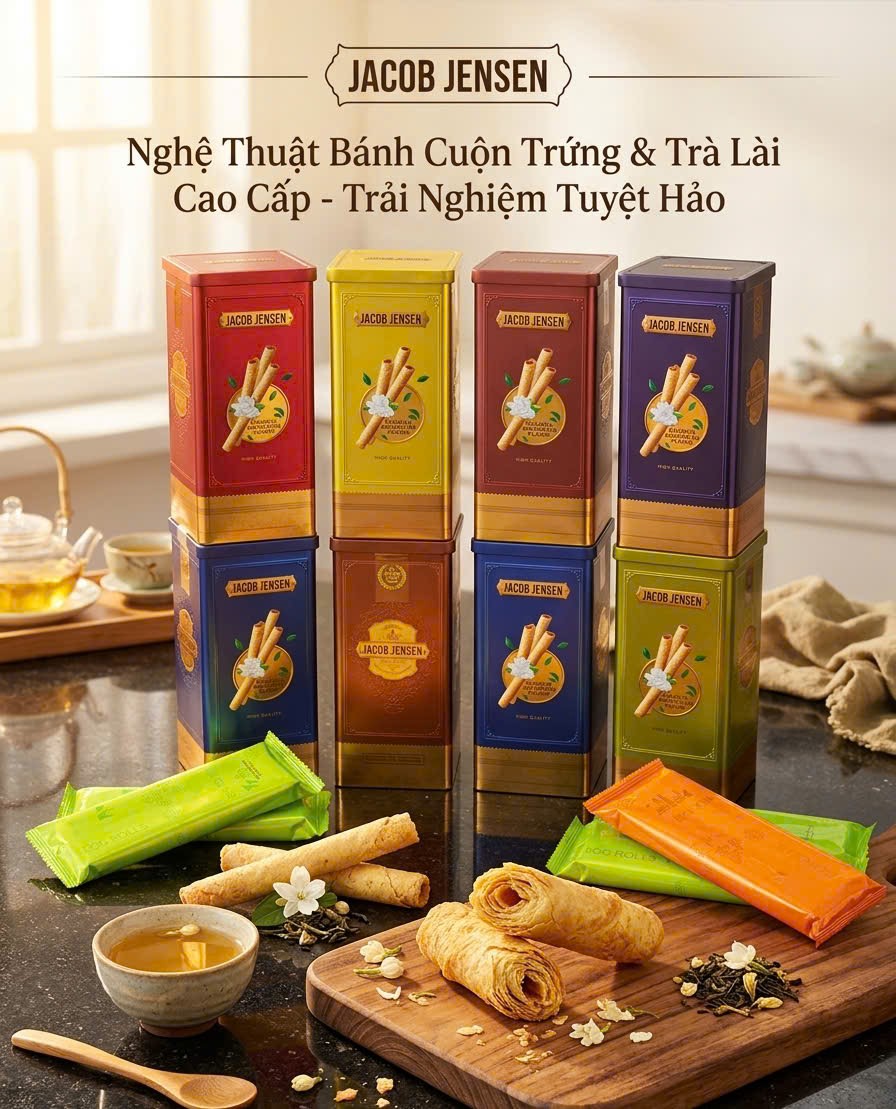 Bánh trứng cuộn hộp thiếc thương hiệu Jacob Jensen.