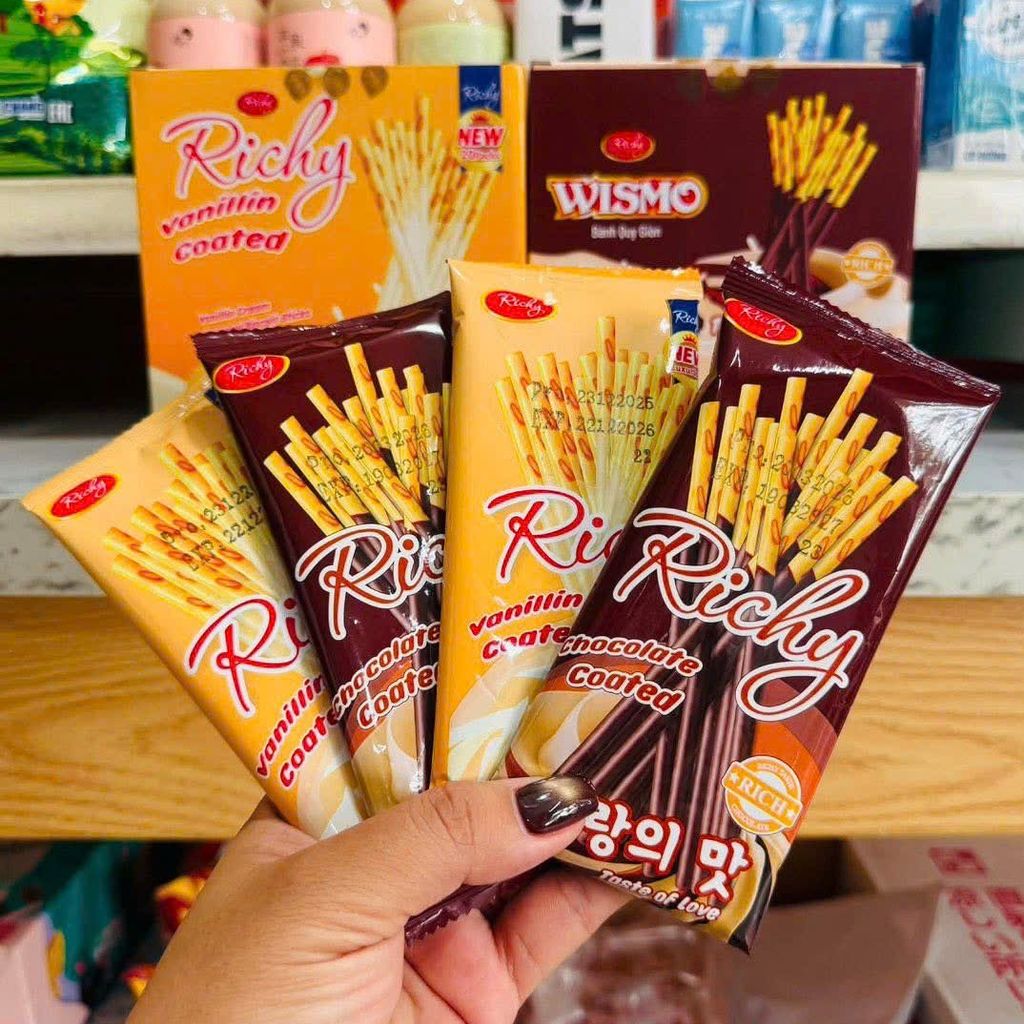 Bánh que Richy phủ dâu,socola và vani hộp 20 gói