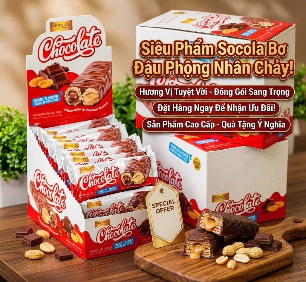 Socola bơ đậu phộng nhân chảy Hongya hộp 30c
