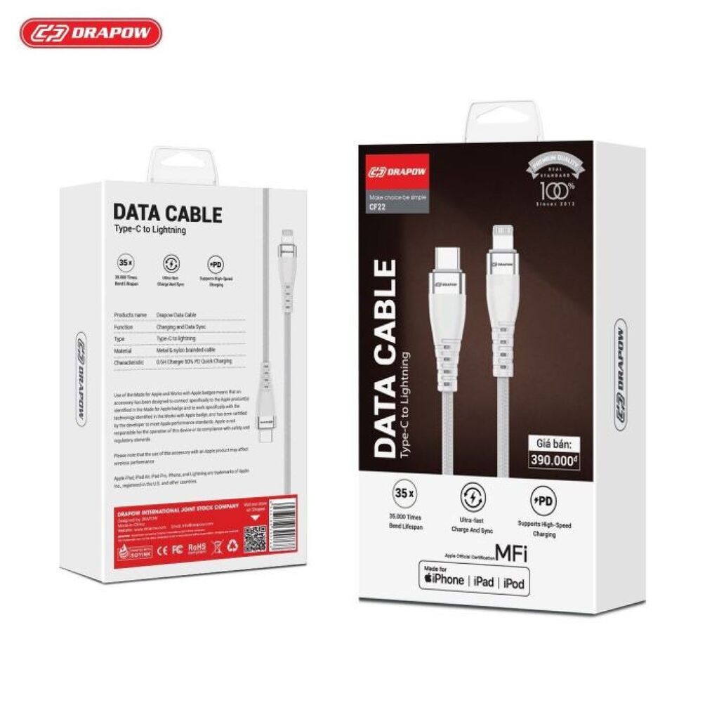 Dây cáp sạc nhanh dài 2M & 3M iPhone C to L chuẩn MFI hãng DRAPOW CF22