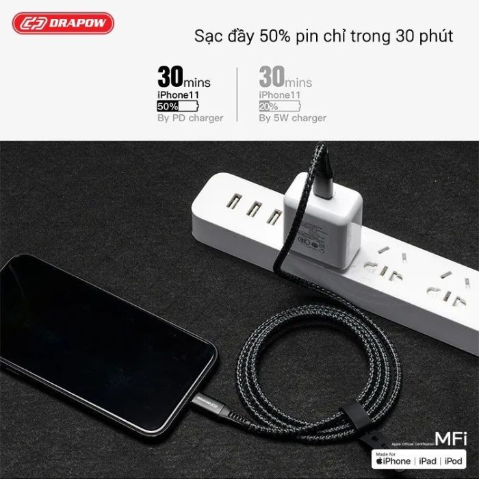 Dây cáp sạc nhanh 3M iPhone chuẩn MFI hãng DRAPOW CF23 - Ảnh 6