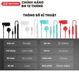 Tai nghe Drapow Twister C10 chính hãng nghe nhạc dây xoắn kéo dài , chân cắm 3…