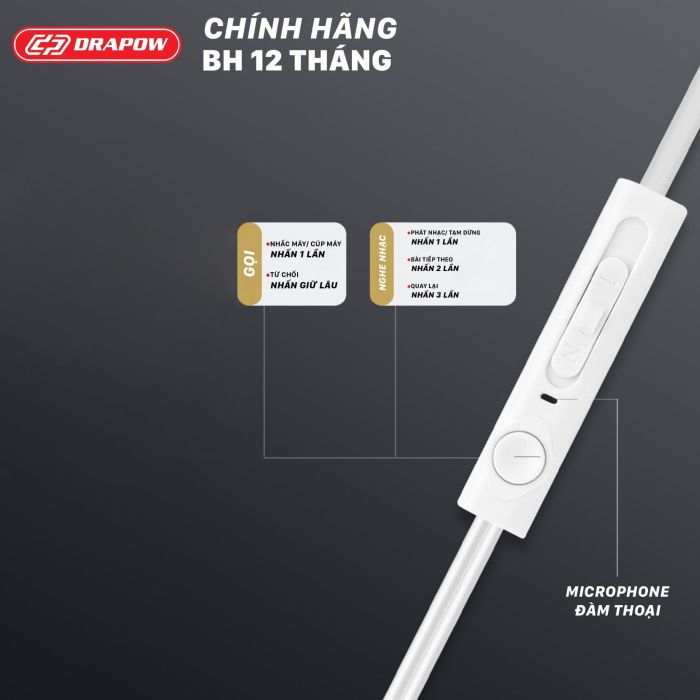 Tai nghe Drapow Twister C10 chính hãng nghe nhạc dây xoắn kéo dài , chân cắm 3.5mm - Ảnh 3