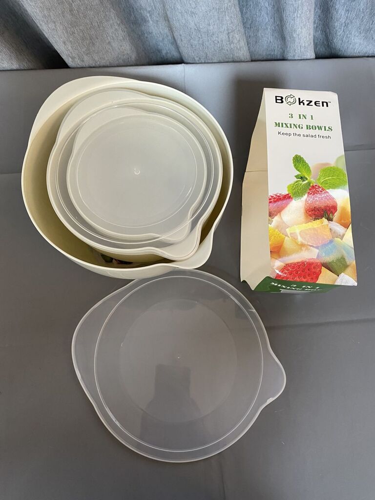 Bộ 3 Bát trộn nhựa Bokzen có nắp đậy cho nhà bếp, có thể xếp chồng lên nhau có vòi rót - Ảnh 3