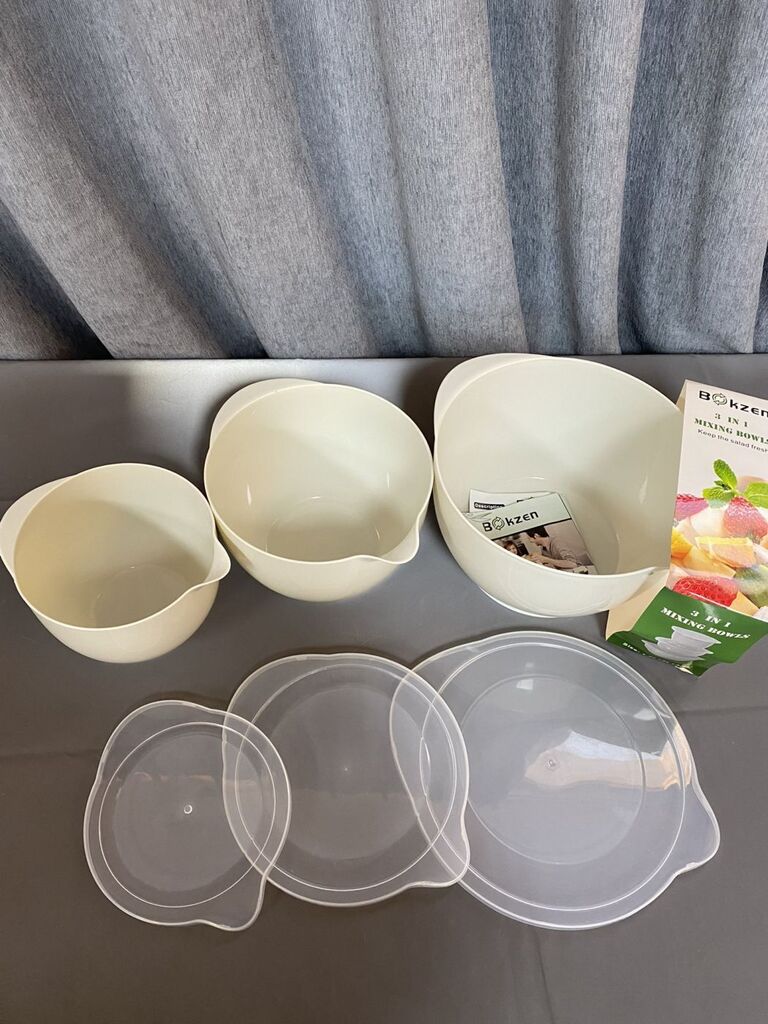 Bộ 3 Bát trộn nhựa Bokzen có nắp đậy cho nhà bếp, có thể xếp chồng lên nhau có vòi rót - Ảnh 4